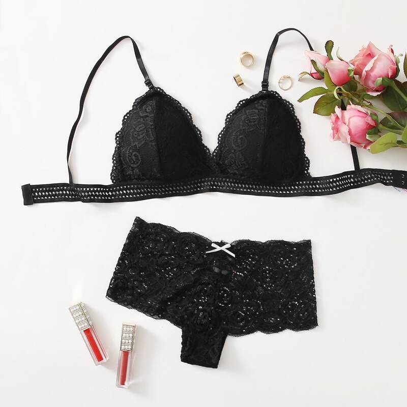 

Solid Lace Lingerie Set, Black