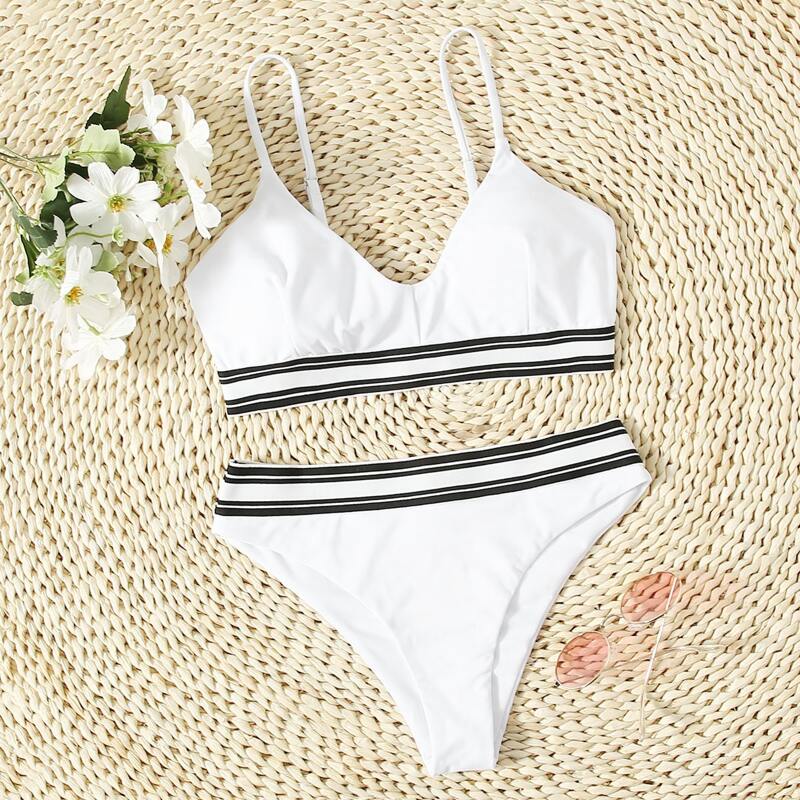 

Stripe Tape Cami Bikini Swimsuit, White