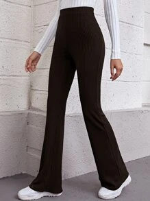 SHEIN Flare Leg Rib-knit Trousers - Chocolate Brown - View 1