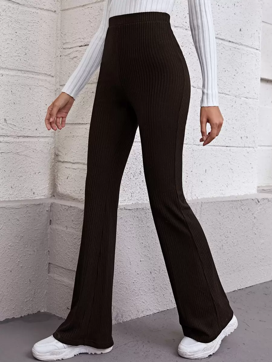 SHEIN Flare Leg Rib-knit Trousers - Chocolate Brown - View 1