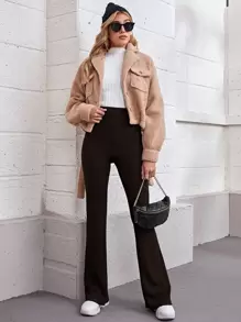SHEIN Flare Leg Rib-knit Trousers - Chocolate Brown - View 3