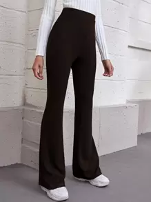 SHEIN Flare Leg Rib-knit Trousers - Chocolate Brown - View 4