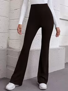 SHEIN Flare Leg Rib-knit Trousers - Chocolate Brown - View 5