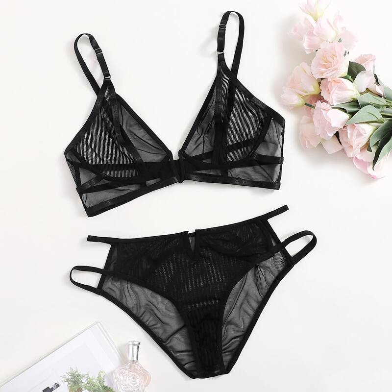 

Solid Mesh Cut Out Lingerie Set, Black