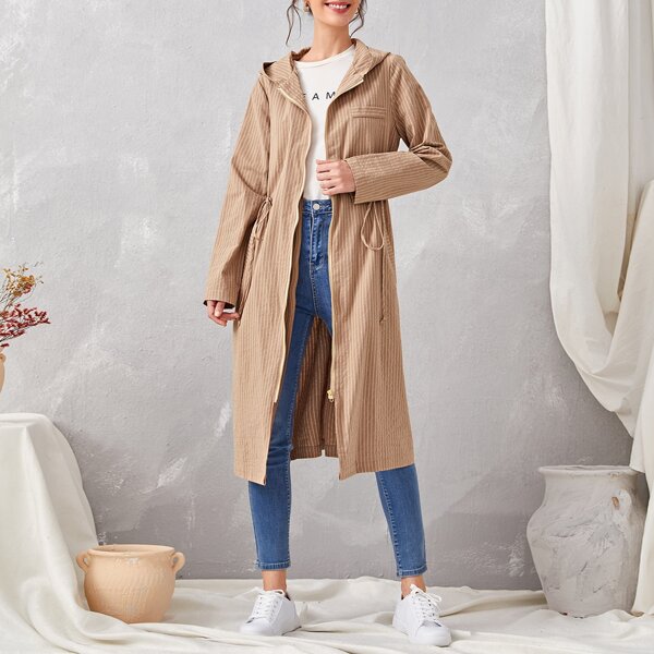 

Striped Drawstring Waist Hooded Coat, Apricot