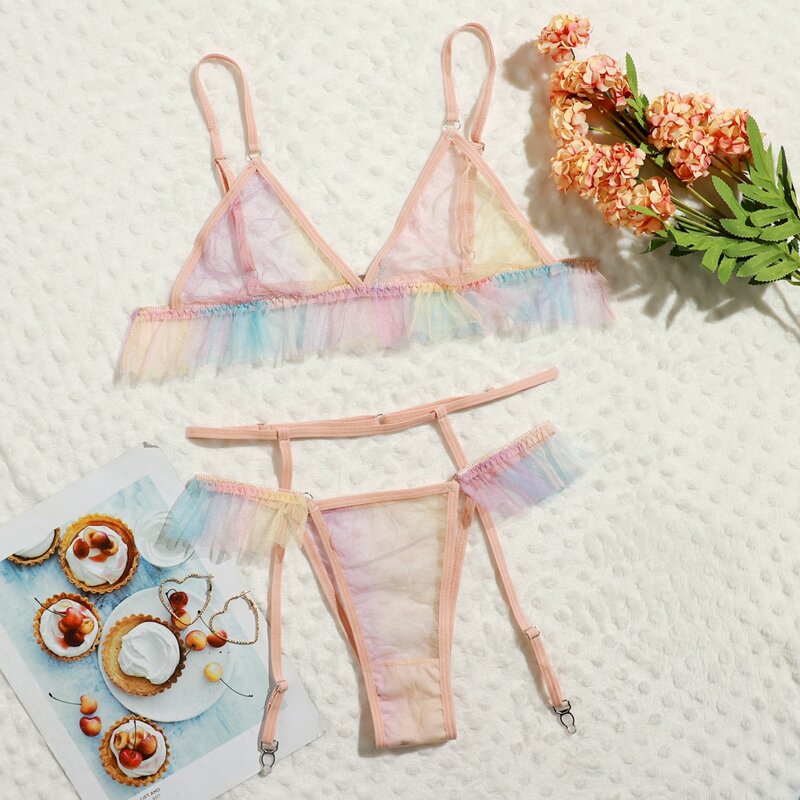 

Mesh Sheer Ruffle Garter Lingerie Set, Multicolor