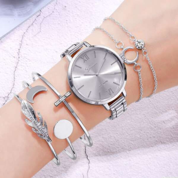 

1pc Round Pointer Quartz Watch & 5pcs Bracelet