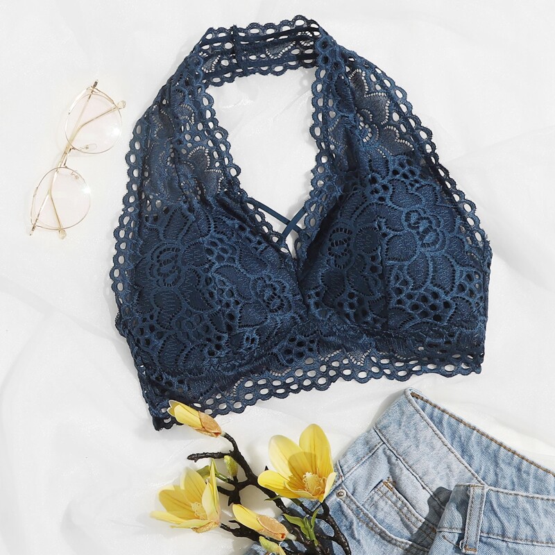 

Solid Lace Halter Bralette, Navy blue