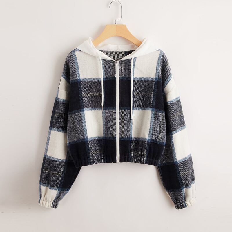 

Plaid Zip Up Drawstring Jacket, Multicolor