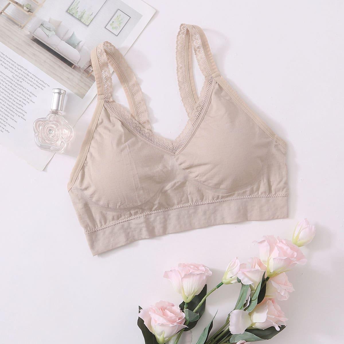 

Solid Lace Trim Bralette, Beige