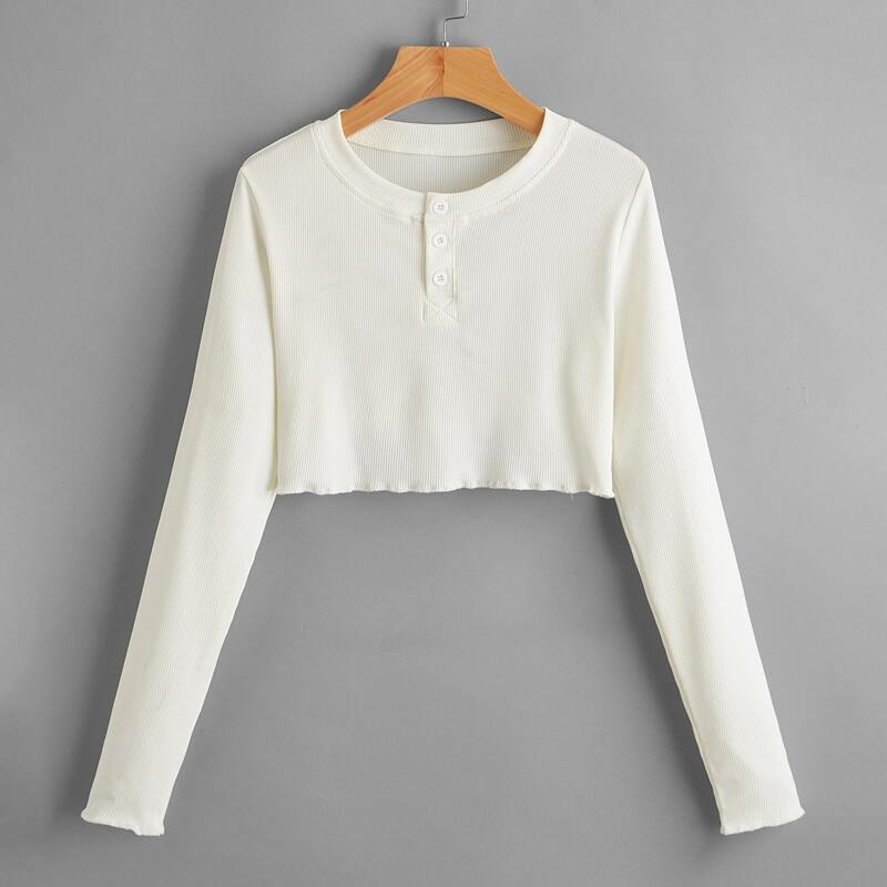 

Solid Button Lettuce Trim Crop Tee, White