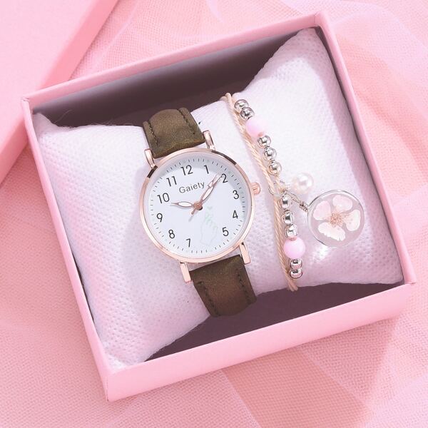 

1pc Heart Print Dial Quartz Watch & 1pc Bracelet