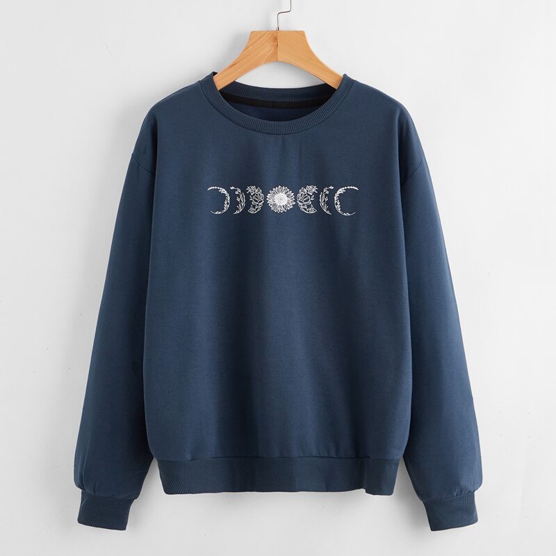 

Plants Print Drop Shoulder Sweatshirt, Navy blue