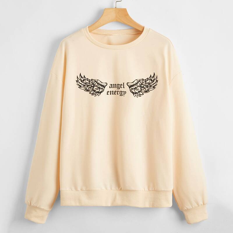 

Wing Print Drop Shoulder Sweatshirt, Apricot