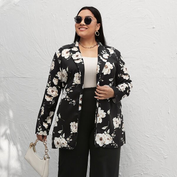 

Plus Flower Print Blazer, Black