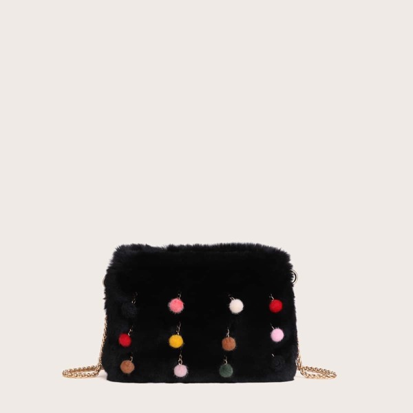 

Pom Pom Decor Fluffy Crossbody Bag, Black