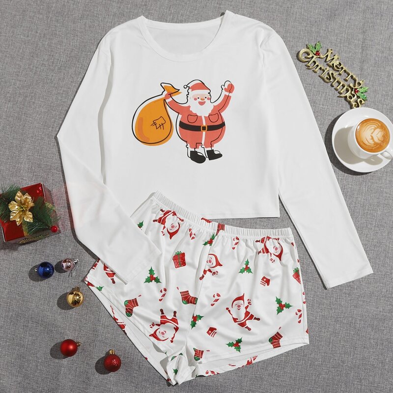 

Christmas Print Long Sleeve Pajama Set, White