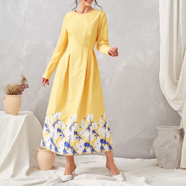 

Floral Print Zipper Back A-line Dress, Yellow