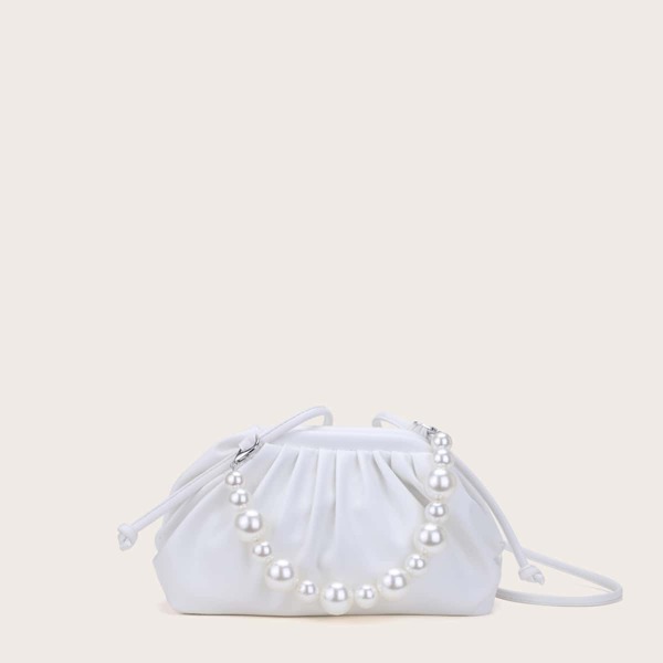 

Faux Pearl Handle Ruched Bag, White