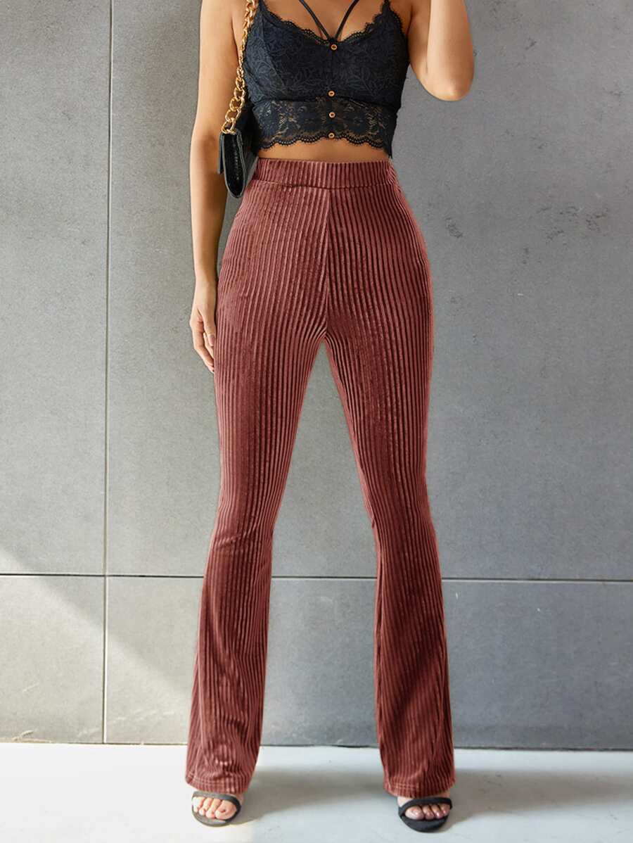 SHEIN EZwear Solid Flare Leg Velvet Pants - Redwood - View 1