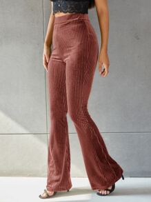 SHEIN EZwear Solid Flare Leg Velvet Pants - Redwood - View 5