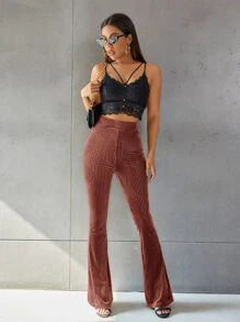 SHEIN EZwear Solid Flare Leg Velvet Pants - Redwood - View 6