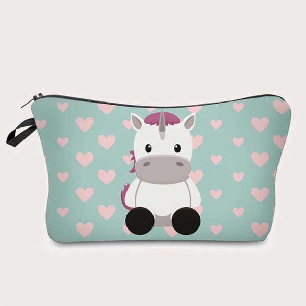 

Unicorn & Heart Print Makeup Bag, Multicolor