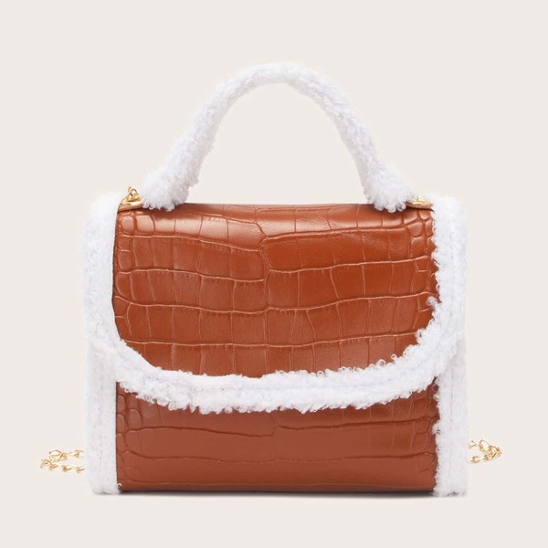 

Faux Fur Trim Crocodile Pattern Satchel Bag, Brown