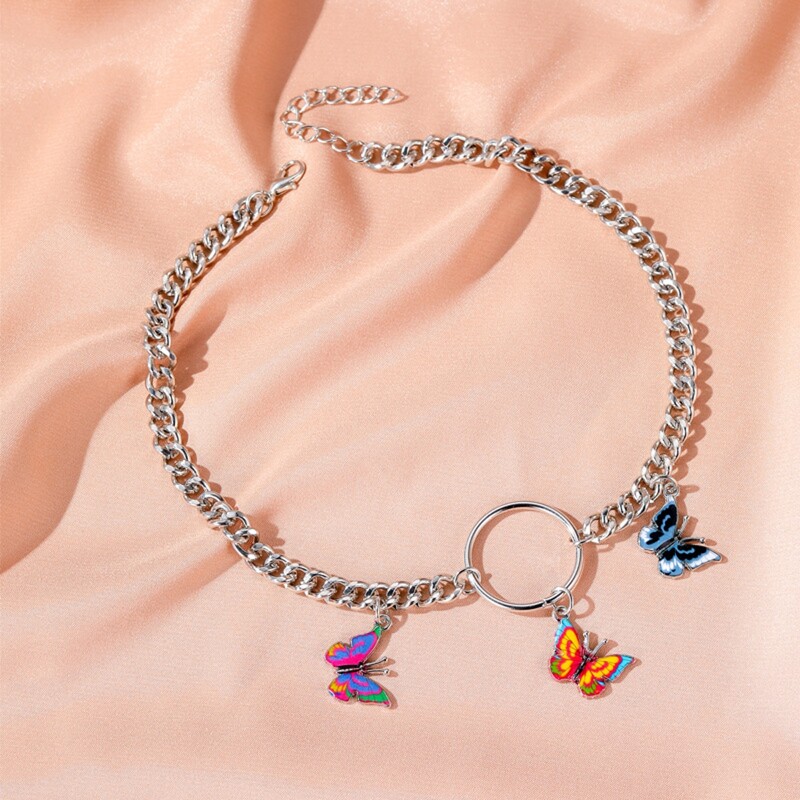 

Butterfly & Ring Linked Chain Necklace, Silver