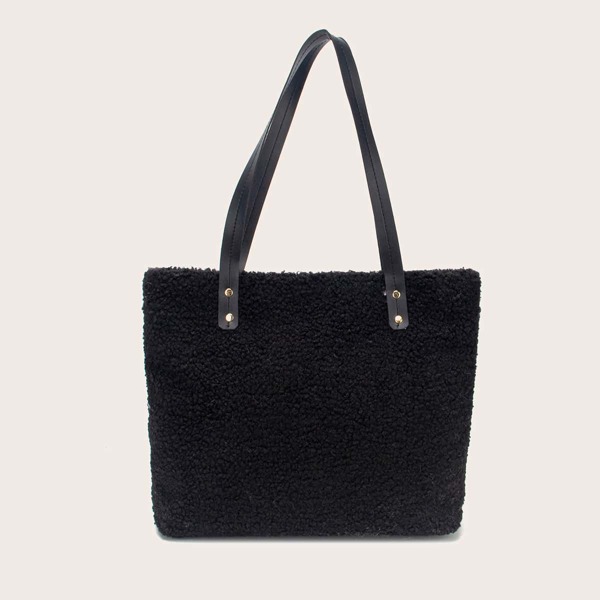 

Faux Shearling Shoulder Tote Bag, Black