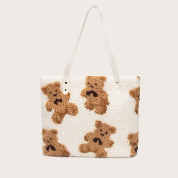 

Cartoon Graphic Faux Fur Tote Bag, Beige