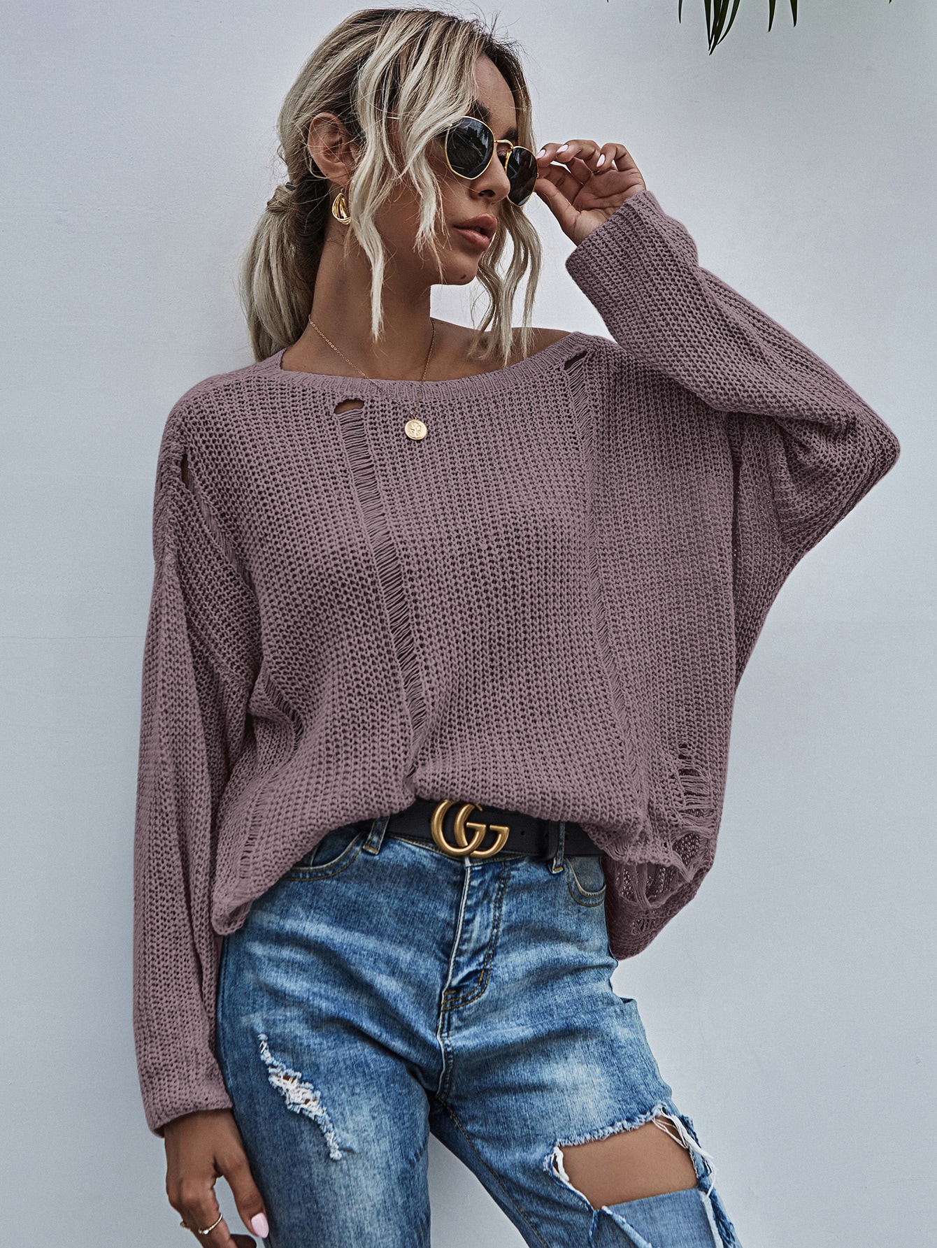 Drop Shoulder Ripped Oversized Sweater thumbnail
