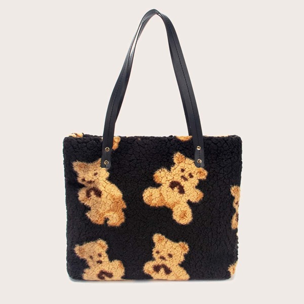 

Cartoon Graphic Faux Fur Tote Bag, Black