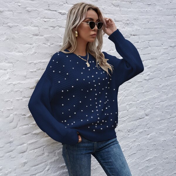 

Pearls Beaded Drop Shoulder Sweater, Navy blue