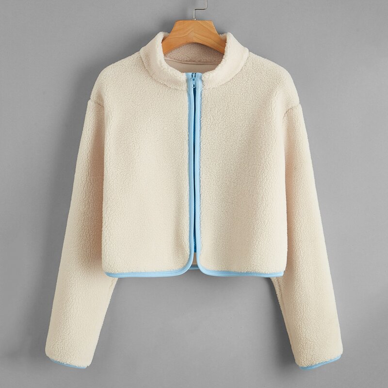 

Contrast Binding Zip Up Teddy Jacket, Beige