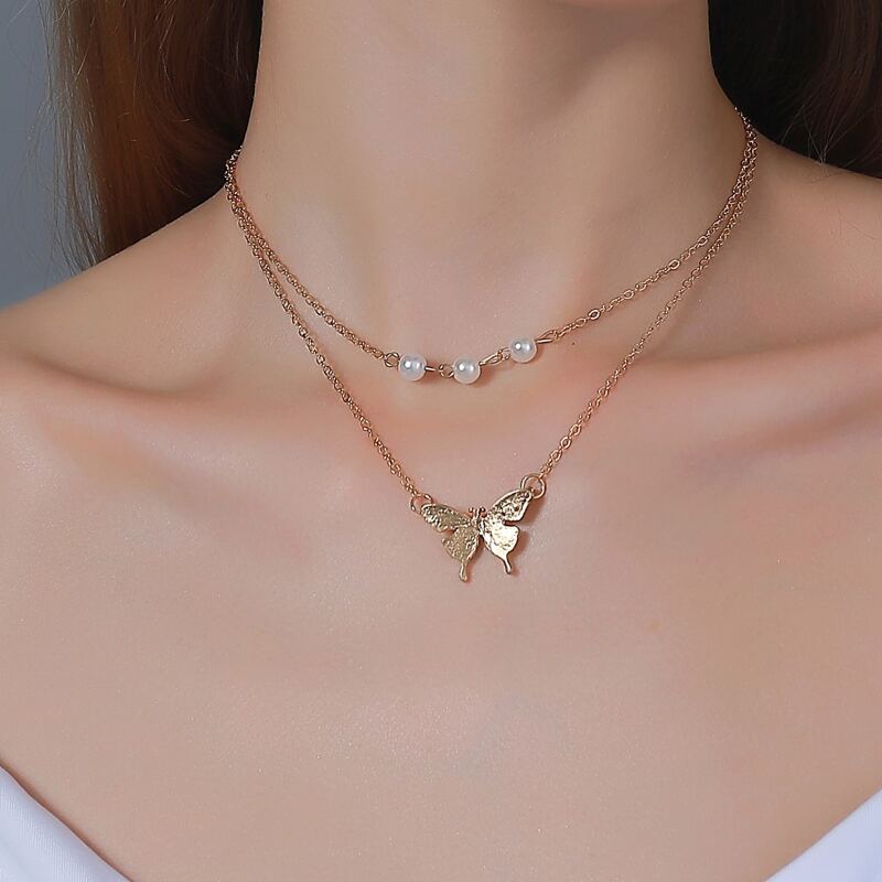 

Butterfly & Faux Pearl Layered Necklace, Gold
