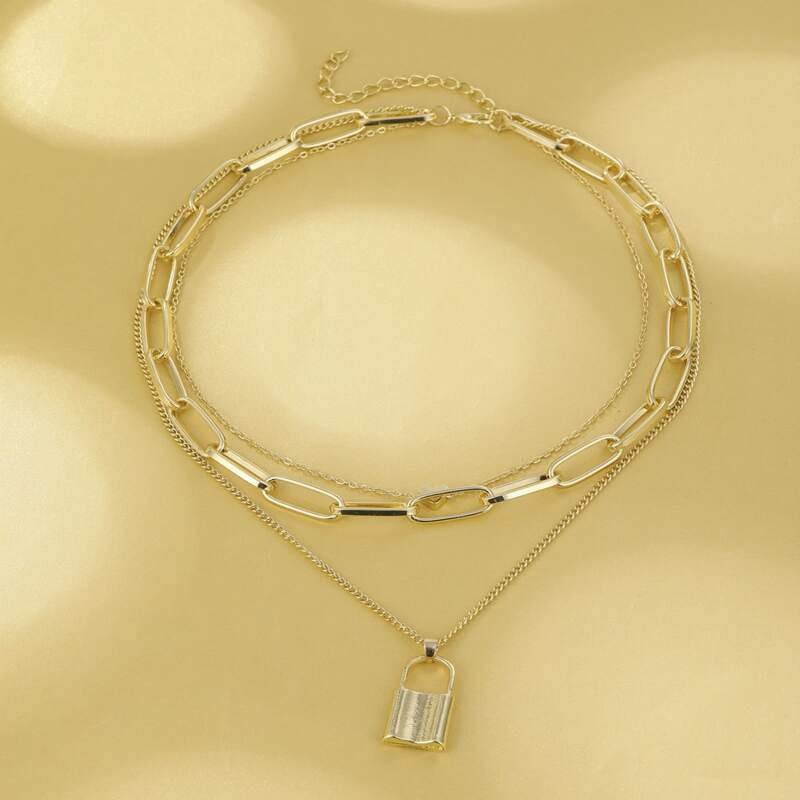 

Lock Charm Layered Necklace, Gold