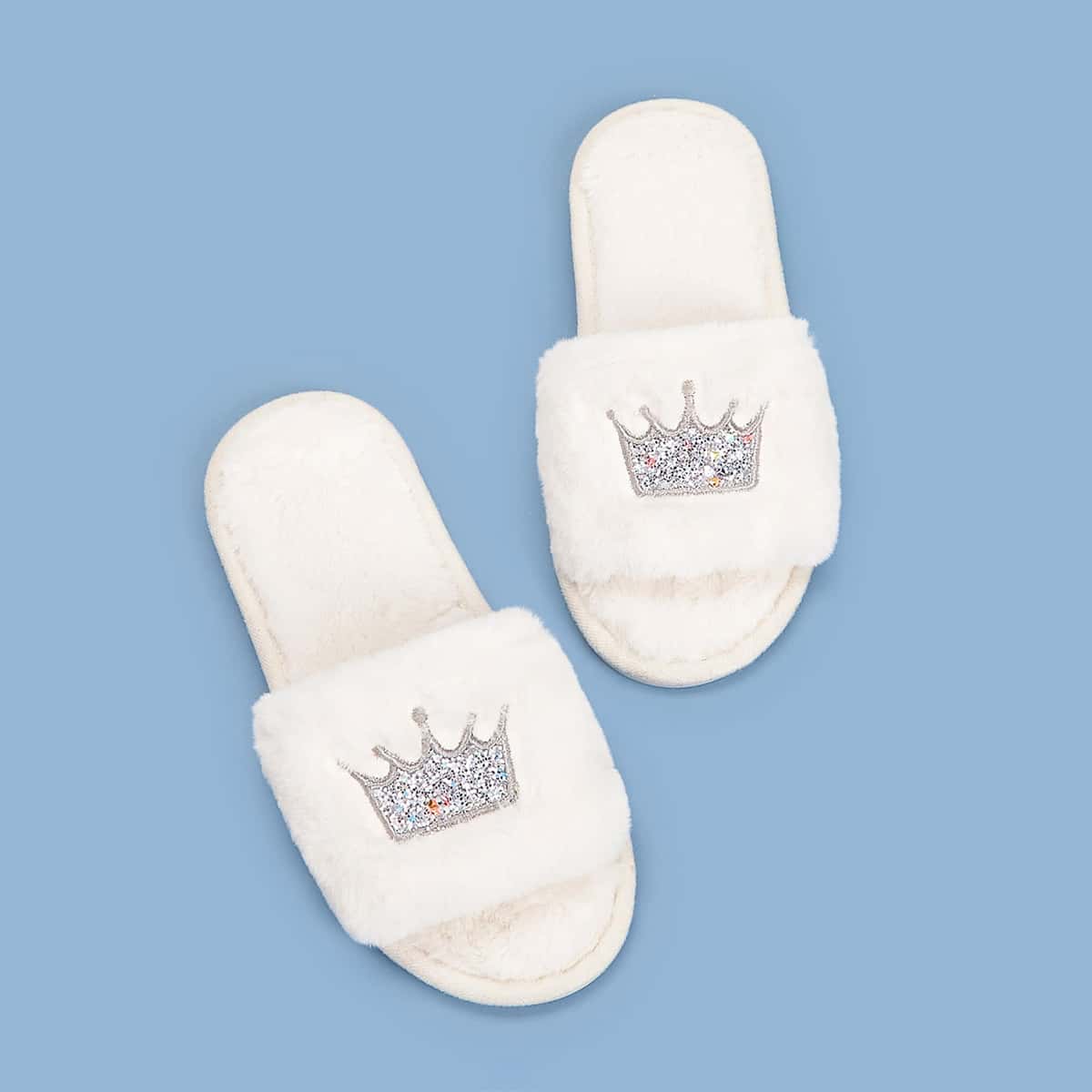 

Glitter Crown Pattern Fluffy Slippers, White
