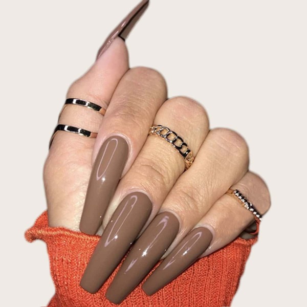 

24pcs Solid Fake Nail & 1sheet Tape, Mocha brown