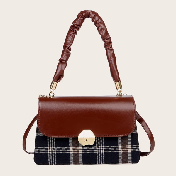 

Plaid Flap Shoulder Bag With Purse, Brown