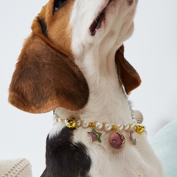 

Star & Moon Pendant Faux Pearl Beaded Dog Necklace, Multicolor