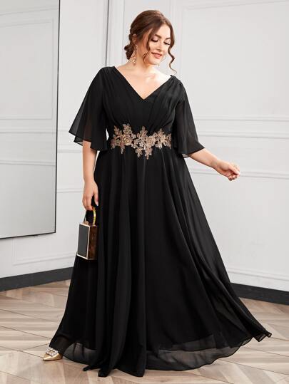 SHEIN Belle Plus Butterfly Sleeve Appliques Maxi Prom Dress