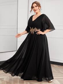 SHEIN Belle Đầm Plus Size Đề can Hoa Hấp dẫn - màu đen - Xem 5