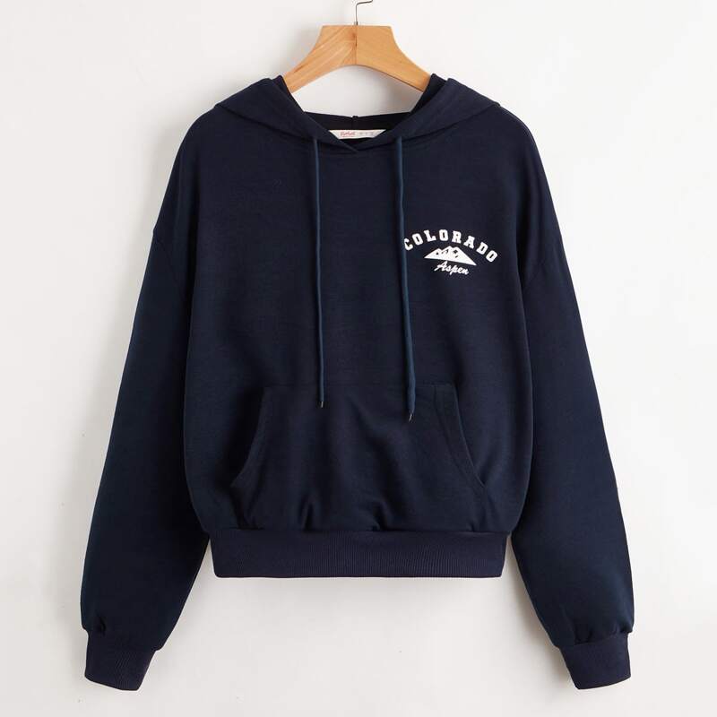 

Letter Graphic Drawstring Hoodie, Navy blue