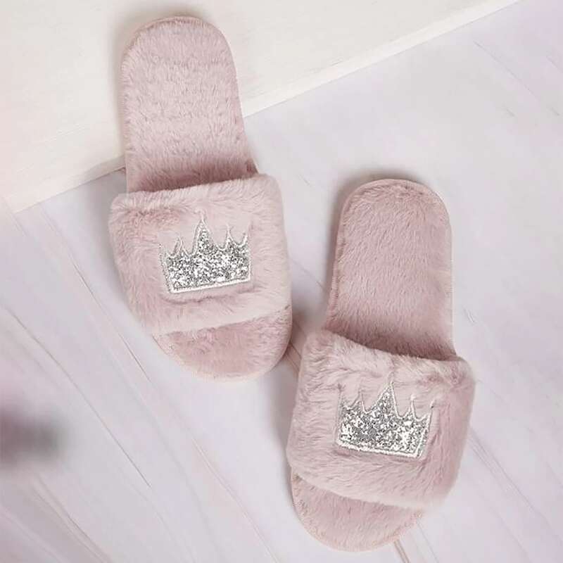 

Glitter Crown Pattern Fluffy Slippers, Dusty pink