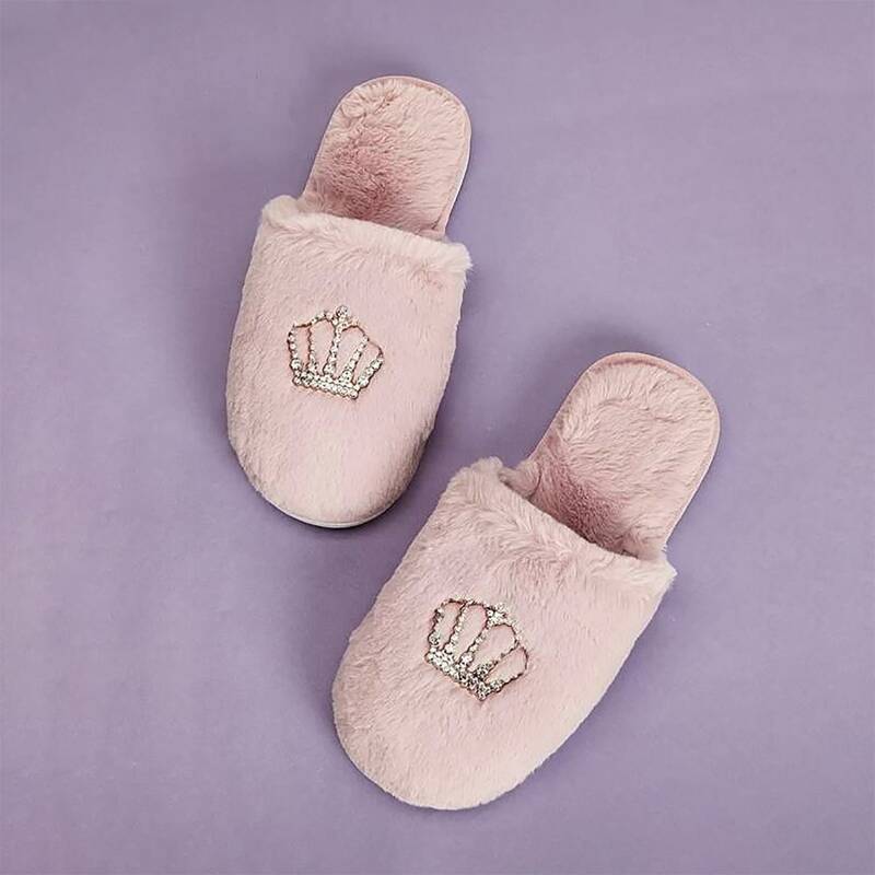 

Rhinestone Crown Decor Fluffy Slippers, Dusty pink
