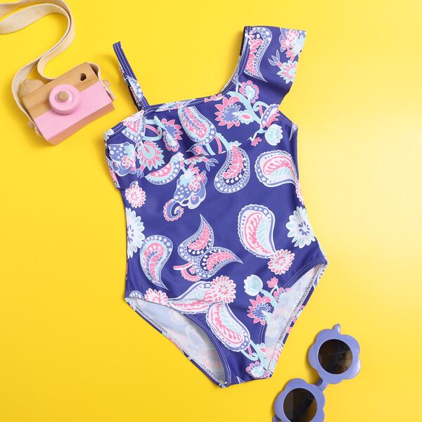 

Toddler Girls Paisley Print Ruffle One Piece Swimsuit, Purple