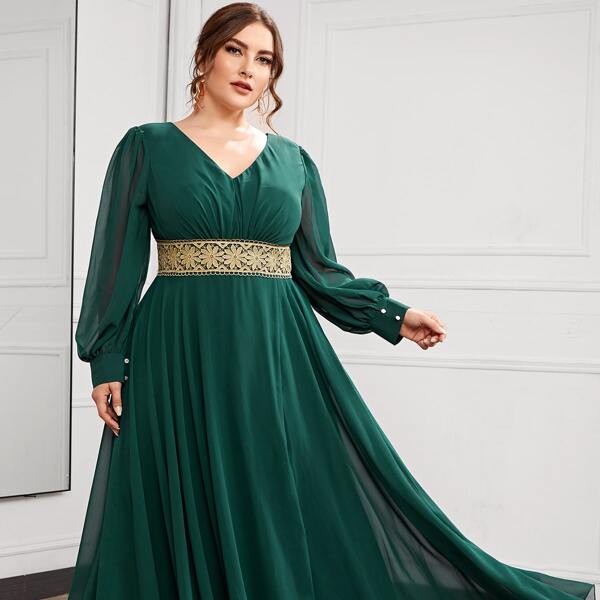 

Plus Contrast Guipure Lace Bishop Sleeve Split Hem Prom Dress, Dark green