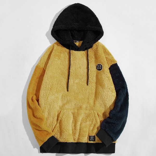 

Men Patched Detail Colorblock Teddy Hoodie, Mustard yellow