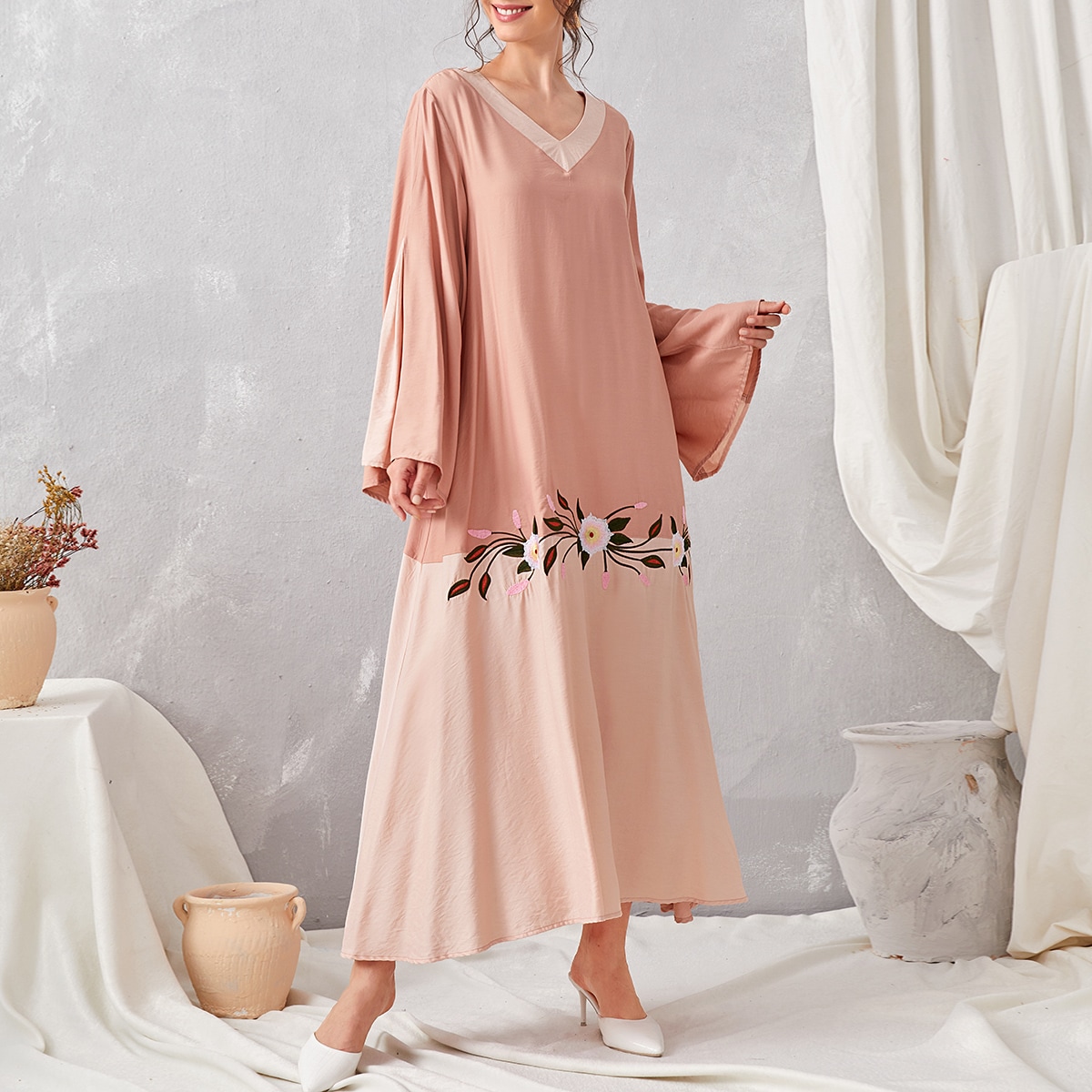 Image of Floral Embroidery Flounce Sleeve Maxi Dress